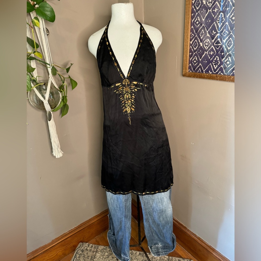Lotta Stensson Black Silk Embroidered Silk Halter Dress Sz‎ 4